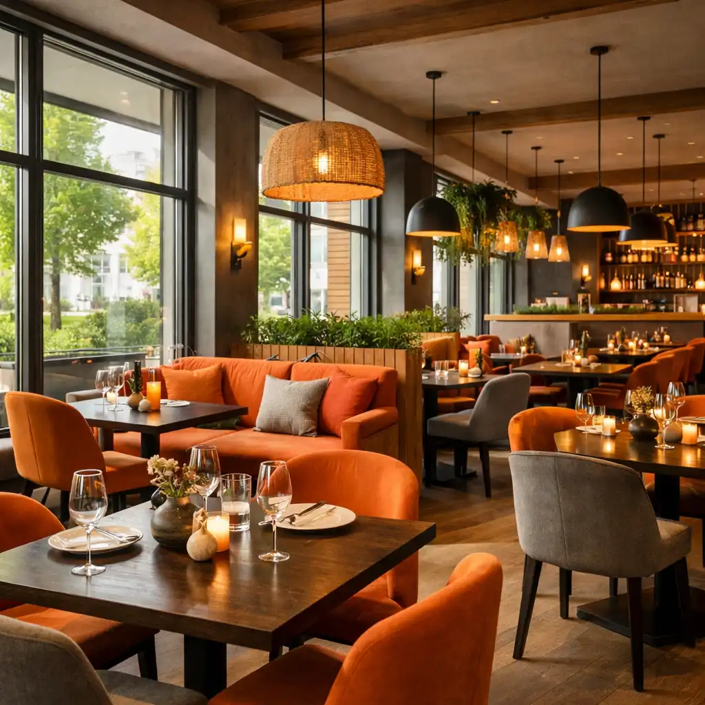Stylový interiér restaurace Centrum Zážitků s útulným osvětlením a pohodlným sezením