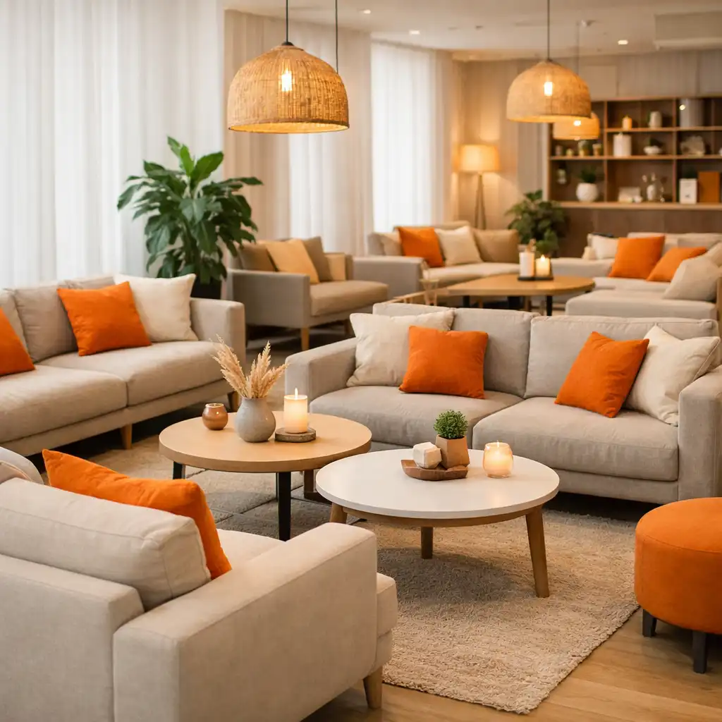 Pohodlná lounge zóna s měkkým sezením a tlumeným světlem