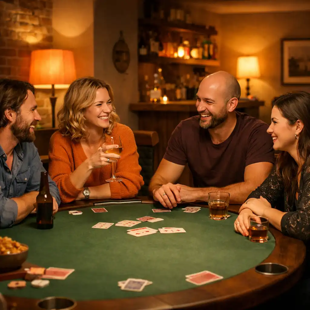 Pokerový stůl během večerní hry s žetony a kartami