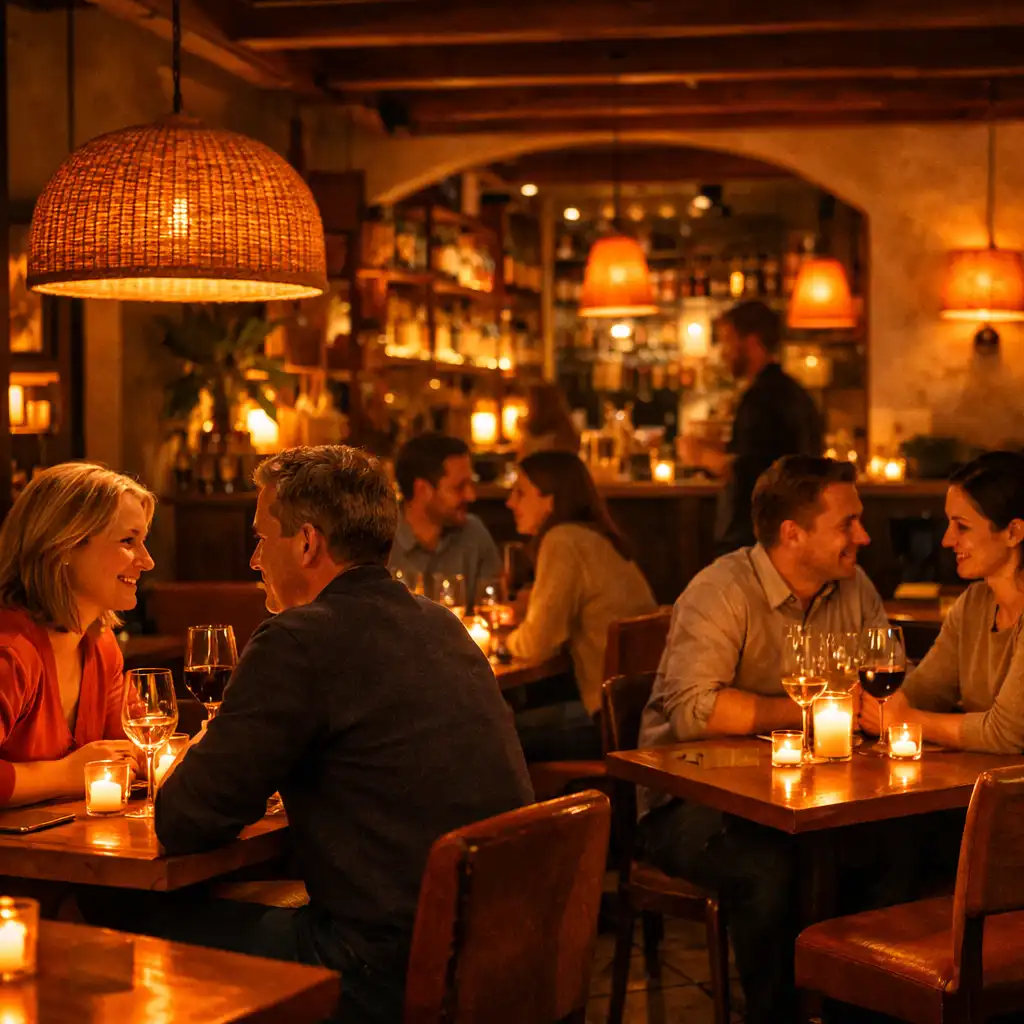 Večerní atmosféra restaurace s tlumeným světlem a svíčkami na stolech