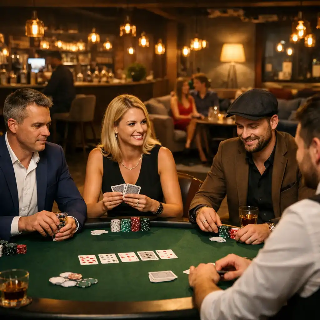 Skupina hostů hrající poker v teplém osvětlení Centrum Zážitků