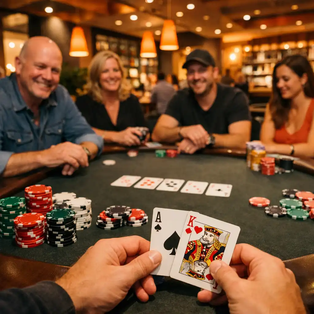 Detail pokerových karet a žetonů na stole s drinky v pozadí