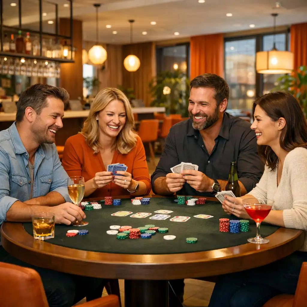 Přátelé u pokerového stolu v útulném prostředí Centrum Zážitků