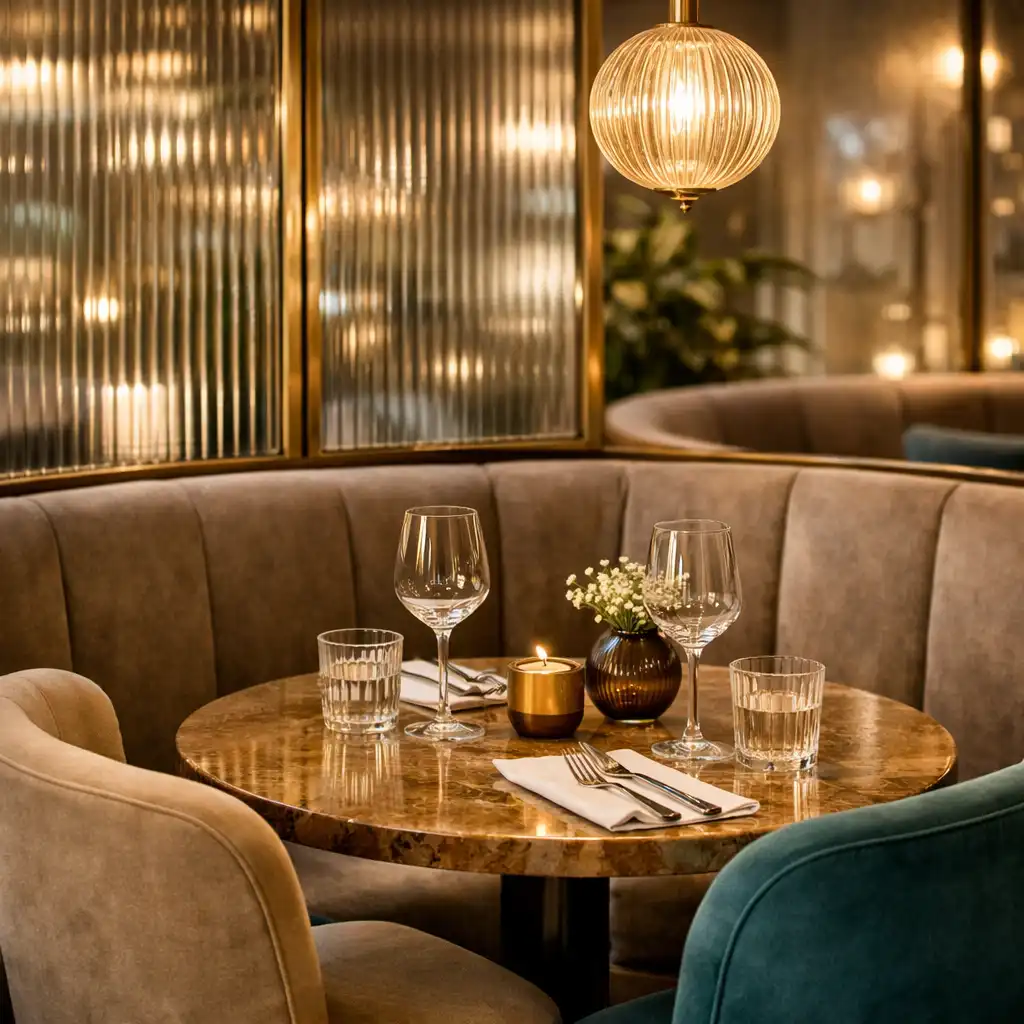 Detail společenského prostoru restaurace s moderním nábytkem a prosvětleným interiérem
