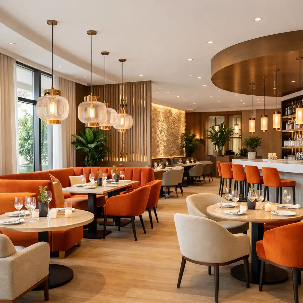 Interiér restaurace Centrum Zážitků s útulným sezením a teplým osvětlením