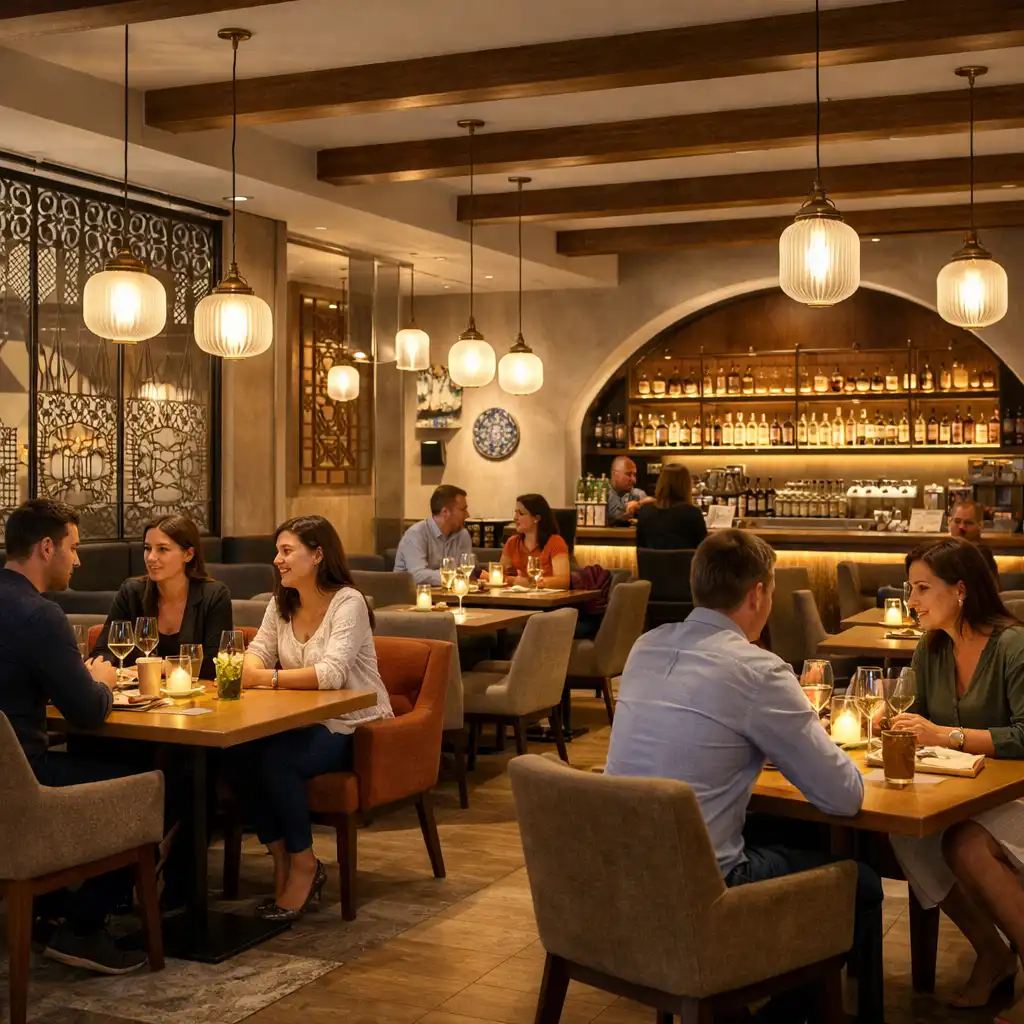 Interiér restaurace Centra Zážitků s prostřenými stoly a hosty v přirozené konverzaci