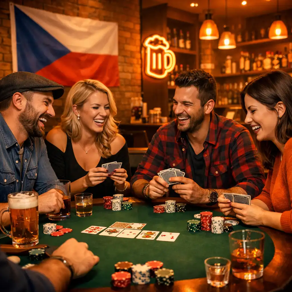 Skupinka přátel u tematicky laděného stolu s kartami, drinky a smíchem během večera v Centru Zážitků